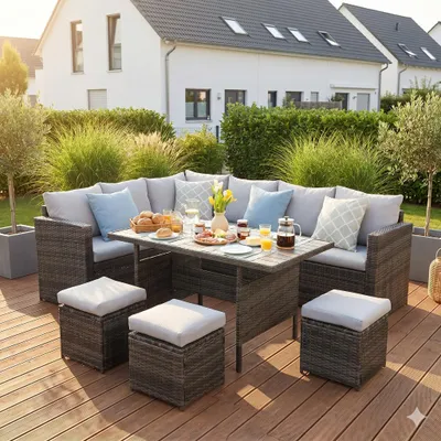 Produktbild von MeXo Gartenlounge Set 8 Personen Lounge Gartenmöbelset Polyrattan Essgruppe wetterfest Ecklounge mit großem Esstisch 132×76×67 cm, L-Form