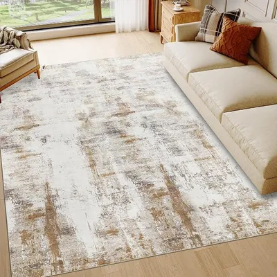 Imagen del producto de Alfombra para sala de estar de 200x290 cm, pelo corto, color beige y marrón. Alfombra lavable, diseño moderno y abstracto, ideal para salas de estar, dormitorios y comedores. Alfombra grande para sala de estar