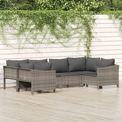 Produktbild von Gartenlounge-Set, 6-teilig, mit Gartensofa, Sitzgruppe, Kissen und Loungemöbeln aus grauem Poly-Rattan für Balkon und Garten