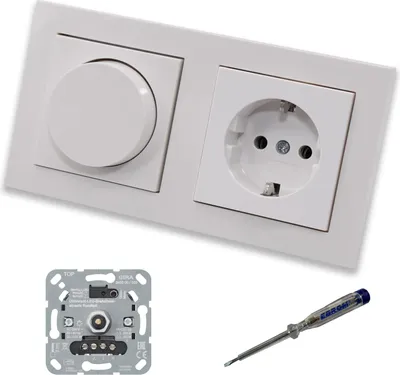 Produktbild von GIRA 245500 LED Drehdimmer Dimmer + Dimmerscheibe Zentralscheibe 065003 und Steckdose 418803 in Gira E2 reinweiß glänzend inklusive EBROM Phasenprüfer zur Montage der Geräte