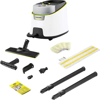 A collection of a Karcher steam cleaner and its accessories, laid out against a white background.