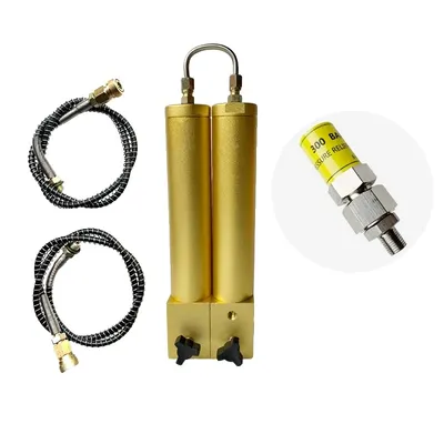 A product shot of a dual cylinder air compressor filter with hoses and a pressure relief valve.