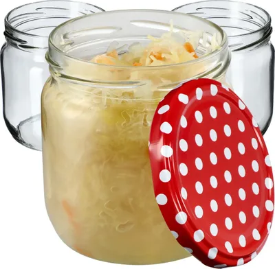 Zdjęcie produktu dla Słoiki na przetwory KADAX z pokrywką "Salla", słoiki na dżem, słoiki na przetwory, 425 ml, czerwone kropki, 24 szt
