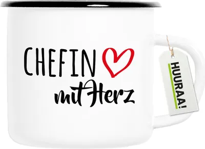 Produktbild von Huuraa Emaille Tasse Chefin mit Herz 300ml Vintage Campingbecher Geschenkidee