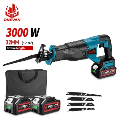 Image de Scie sabre sans fil - Moteur sans balais - 3000 W - Kit comprenant 2 batteries - Pour le bois, le métal et les tuyaux - Rouge