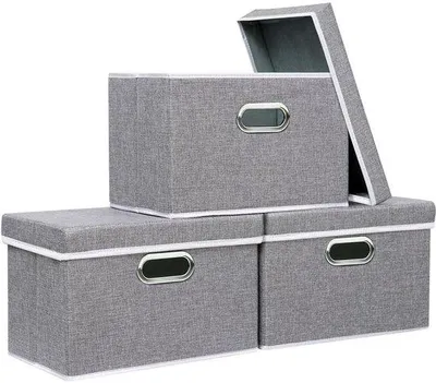 Obrázek produktu pro Ibenzoa® Skládací úložné boxy z látky s víkem a kovovými rukojeťmi, sada 3 kusů, rozměry 32 x 23 x 20 cm – omyvatelné, úsporné řešení pro uskladnění oblečení a v ložnici
