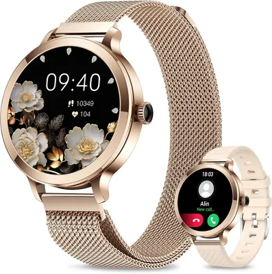 Produktbild von Damen Smartwatch mit AMOLED Display, 110+ Sportmodi, Fitnessuhr mit Herzfrequenz, Schlaf- und Zyklustracking, Bluetooth Anruf, IP68