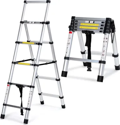 Produktbild von Jopassy Teleskopleiter Alu Leichtgewicht Rutschfester 2,0m+2,3m Silber Multifunktionsleiter Mehrzweckleiter Ausziehbare Leiter 15 Stufe Stehleiter aus Hochwertigem Aluminium Belastbarkeit 150KG