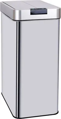 A silver automatic trash can with a black button on top.