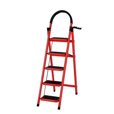 Image de Escabeau pliant 5 marches, marchepied, avec main courante, en acier au carbone Rouge