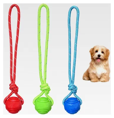 Produktbild von 3 Stück Wurfball für Hunde mit Seil, Apportierball, Fangball, Tauziehspielzeug, Naturgummiball mit Seil