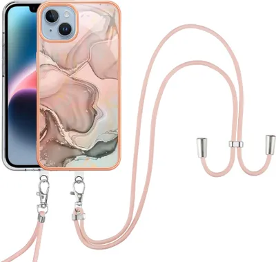 Produktbild von iPhone 15 Handykette Hülle, Muster TPU Bumper Schutzhülle mit verstellbarem Tragegurt für iPhone 15 Crème