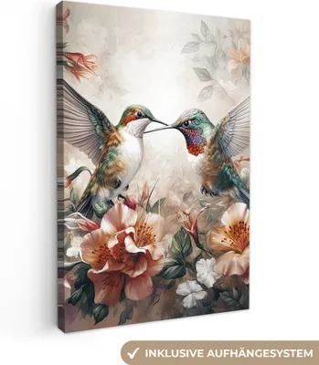 Zdjęcie produktu dla MuchoWow® - Obraz na płótnie - Koliber - Ptaki - Kwiaty - Natura, fototapeta, dekoracja ścienna, obrazy do salonu, 40x60cm