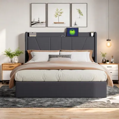 Image de Lit INONEFT, dimensions 160x200 cm, avec sommier à lattes et station de recharge, lit coffre hydraulique avec tête de lit rembourrée, pour deux personnes, tissu en lin, couleur gris