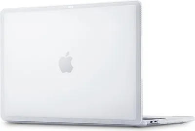 The back of a clear MacBook Air laptop with the Apple logo visible.