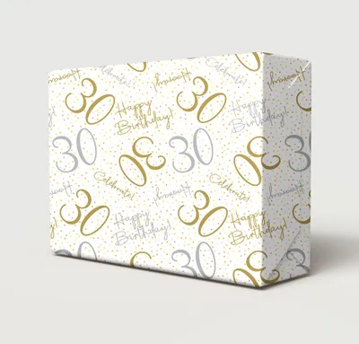 Imagen del producto de Papel de regalo para cumpleaños - Blanco con dorado y plateado - 4 hojas y etiquetas