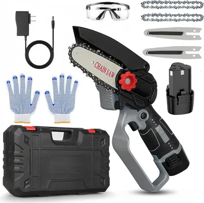Produktbild von 4 Zoll Akku-Kettensäge,Mini-Kettensäge,Handheld -Lithiumkettensäge mit 2x 12V 1300 mAh Batterie,Ein-Klick-Einstellungskette,Elektrische Gartensäge
