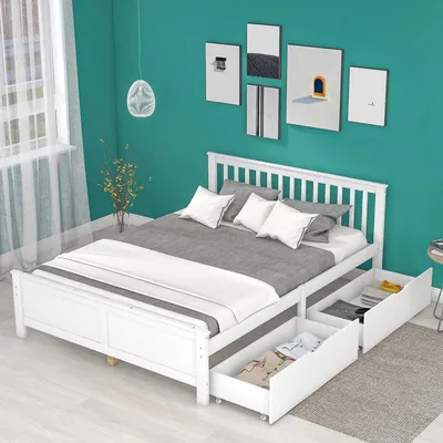 Obrázek produktu pro Dřevěná postel 140 x 200 cm včetně roštu a 2 zásuvek, masivní borovice, dvojlůžko bílé, rám postele s úložným prostorem a kolečky (bez matrace)