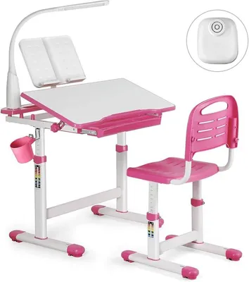 Produktbild von Kinderschreibtisch höhenverstellbar, Schülerschreibtisch Jugendschreibtisch mit Lampe, Schreibtisch Kinder mit Stuhl und Schublade inkl. er Kleineimer/Rosa