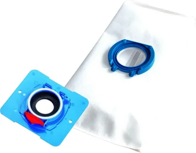 A vacuum cleaner bag and its adapter are shown on a white background.