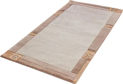 A rectangular rug with a beige center and a brown border with decorative elements.