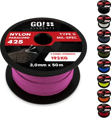 Produktbild von GO!elements 50m Paracord Seil aus reißfestem Nylon - 3mm Paracord 425 Typ II max. 192kg - Schnüre als Outdoor Seil, Allzweckseil, Survival Seil, Armband, Hundeleine, Nylonschnur, Farbe: Rosa
