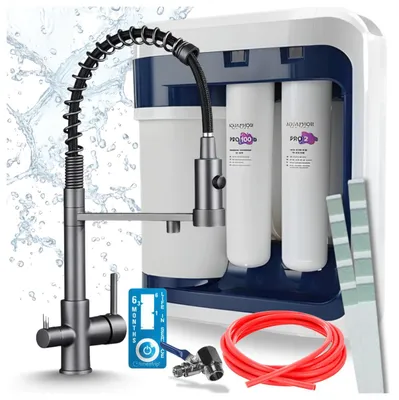 Zdjęcie produktu dla Bateria kuchenna Ari 3-funkcyjna, model Solid Spring, kolor grafitowy, z możliwością wysuwania, w zestawie z systemem filtracji wody Aquaphor Ro-202S Pro