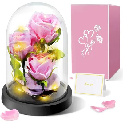 Productafbeelding van Eeuwige roos in een glazen vaas met lichtjes, 3 roze rozen, cadeau voor vrouwen, Moederdag, Valentijnsdag, kleur: roze