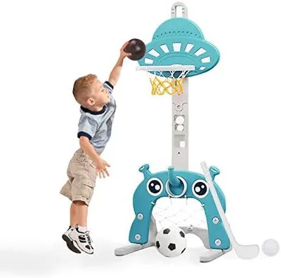Produktbild von Kinder Basketballkorb Set |4 in 1 höhenverstellbarer Basketballständer & Fußballtor Golfspiel Ringwurf Kinder Baby Kleinkind Kleinkind (Grün)