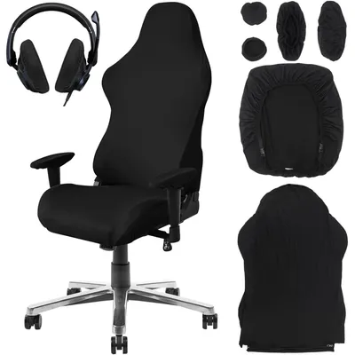 Produktbild von Stuhlbezüge für Gaming-Stühle, 6er-Set, schwarz, mit Armlehnen, dehnbar, abnehmbar, waschbar, für Computerstühle, Gaming-Stühle, Drehstühle und Sessel.