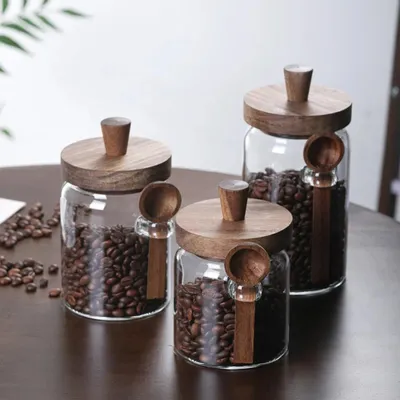 Produktbild von 3er Glas Vorratsdosen Set mit Löffeln, Borosilikat Kaffee-, Tee- & Gewürzgläser, Bonbon- & Keksdosen, Küchen Aufbewahrungsbehälter mit Deckel