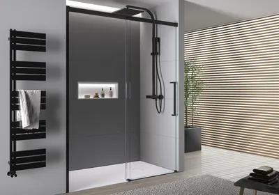 Produktbild von Nischendusche mit Schiebetür DX906 FLEX - Soft-Close - 8 mm - Nano Echtglas - Profile - Schwarz matt - Breite wählbar, Breite:1000 mm