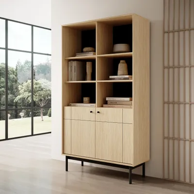 Produktbild von Stilvolles Bücherregal 100 cm TRUE 2-türiges Regal mit Metallbeinen Regal mit schwarzen Füßen, Farbe: Linea-Eiche