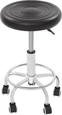 Obrázek produktu pro Stolek na kolečkách – barová/kadeřnická stolička – nosnost 150 kg – nastavitelná výška 45–57 cm – otočný o 360° – 5 koleček – kulaté sedátko 33 cm – černá/stříbrná
