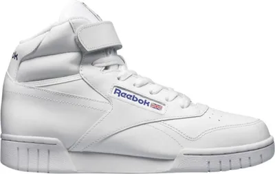A white high-top Reebok sneaker is shown against a white background.