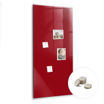 Immagine prodotto di Lavagna magnetica da parete, con superficie in vetro e bordo curvo - Bacheca magnetica - Include 5 magneti - Dimensioni: 60x120 cm - Colore: rosso