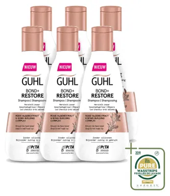 Imagen del producto de 6 champús Guhl Bond+ Restore para cabello dañado, 250 ml cada uno, pack de 6 unidades