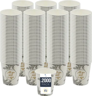 Produktbild von BenBow Kaffeebecher 180 ml x 2000, Pappbecher zum Mitnehmen, Einwegbecher für Unterwegs, All You Need Is Coffee, Kaffee Becher für Büro und Kaffeemaschinen, Robust und Praktisch