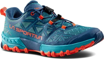 Trailrunning-Schuhe für Kinder "Bushido II JR" von La Sportiva in Blau und Orange mit atmungsaktivem Obermaterial.