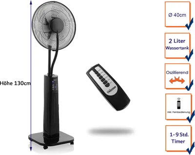 Produktbild von Tristar VE-5884 Nebel Ventilator, Haushalts-Lamellenlüfter, Schwarz, Flur, Acrylnitril-Butadien-Styrol (ABS), Kunststoff, 59,09 dB, 1 m³