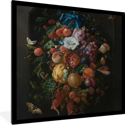 Produktbild von MuchoWow® Gerahmtes Poster Früchte und Blumen - Gemälde von Jan Davidsz. de Heem 40x40 cm - Poster mit Schwarzem Bilderrahmen Wandposter Rahmen Foto Bilder - Mit Rahmen - Wanddekoration Schlafzimmer