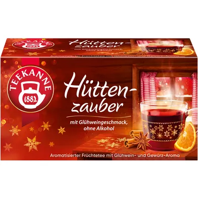 A box of Teekanne Hüttenzauber fruit tea with mulled wine and spice flavor.