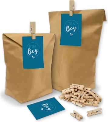 Produktbild von itenga SET Geschenktüten "It s a boy" dunkelblau 24x Tüten + Klammern + Kärtchen