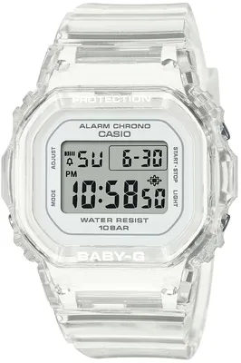 A clear, front-facing studio shot of a transparent Casio Baby-G digital watch with a white face.