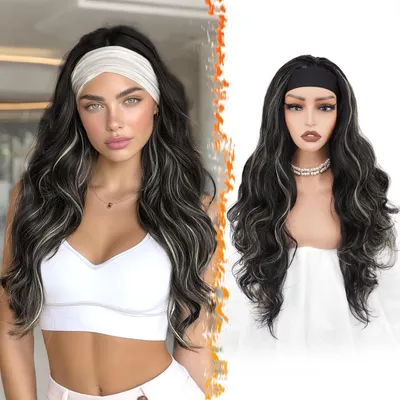 Productafbeelding van Golfperruuk, 66 cm, zwart met blonde highlights, synthetisch