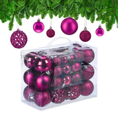 Obrázok produktu pre Vianočné gule Relaxdays v 50-dielnom sete, trblietavé, matné a lesklé vianočné gule, plast, ∅ 3, 4 a 6 cm, ružové
