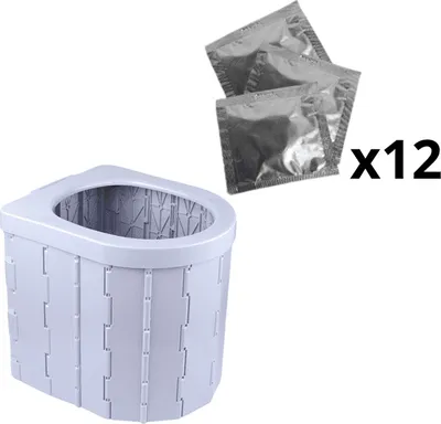 Obrázok produktu pre Prenosná plastová kempingová toaleta, skladacia toaleta pre karavany + 12 vreciek s prostriedkom na neutralizáciu zápachu - POTTYAGENT
