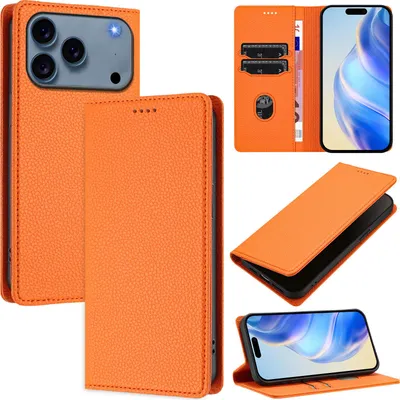 Image de Étui en cuir pour iPhone 17 Pro Max, Litschi cuir, étui portefeuille avec fentes pour cartes et support Orange