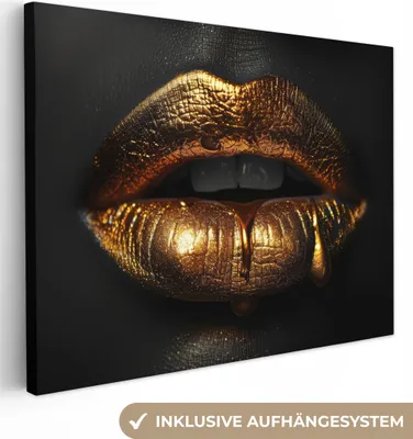 Zdjęcie produktu dla MuchoWow® - Obraz na płótnie - Usta - Złoto - Abstrakcja - Czarny - Estetyczny, fototapeta, dekoracja ścienna, obrazy do salonu, 40x30cm