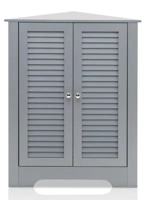 Image de Armoire de salle de bain grise, dimensions 45x45x81,5 cm, avec portes à lamelles et étagères